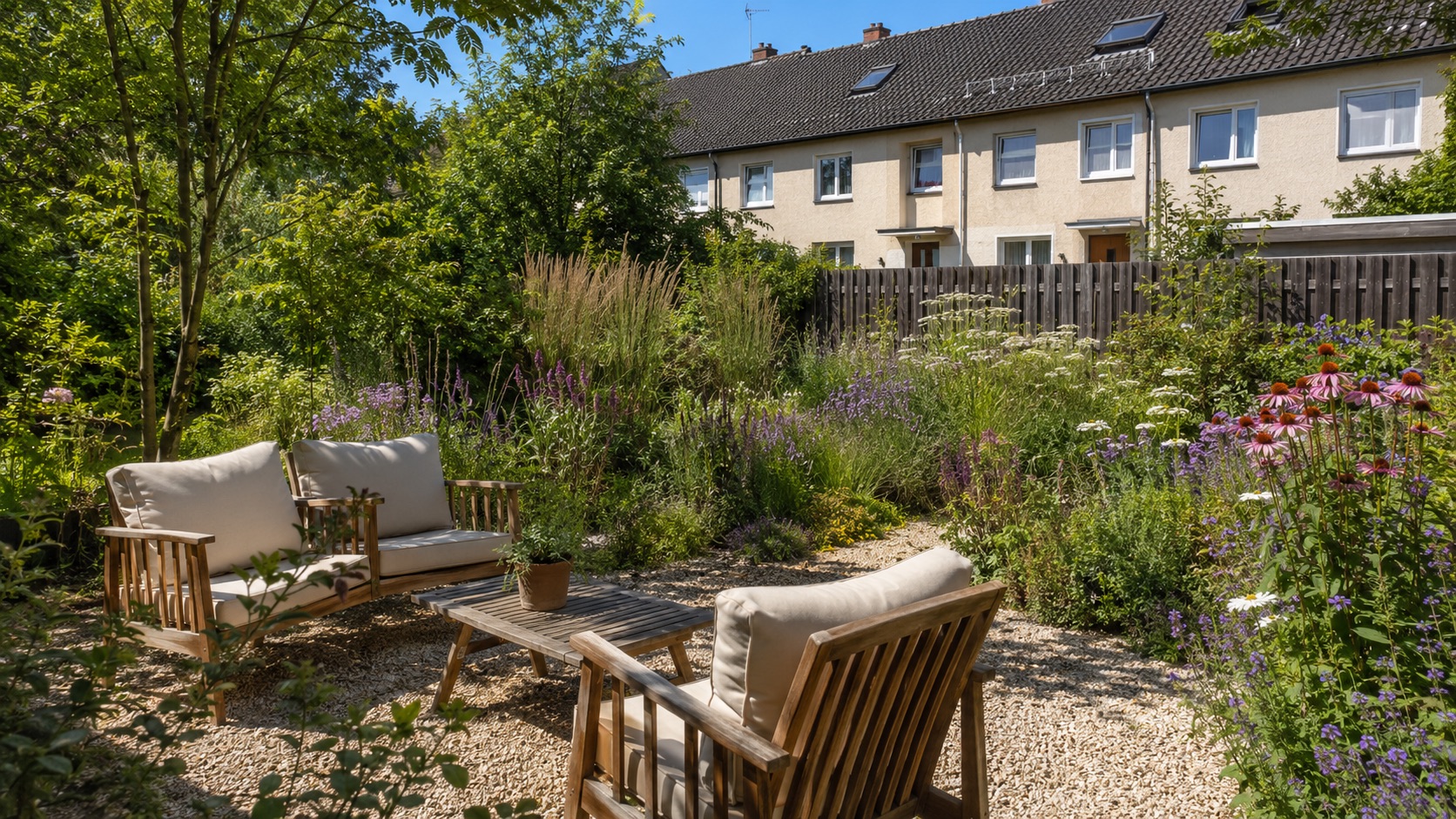 Kleiner Sitzplatz im natürlich gestalteten Garten mit Pflanzen und Grün