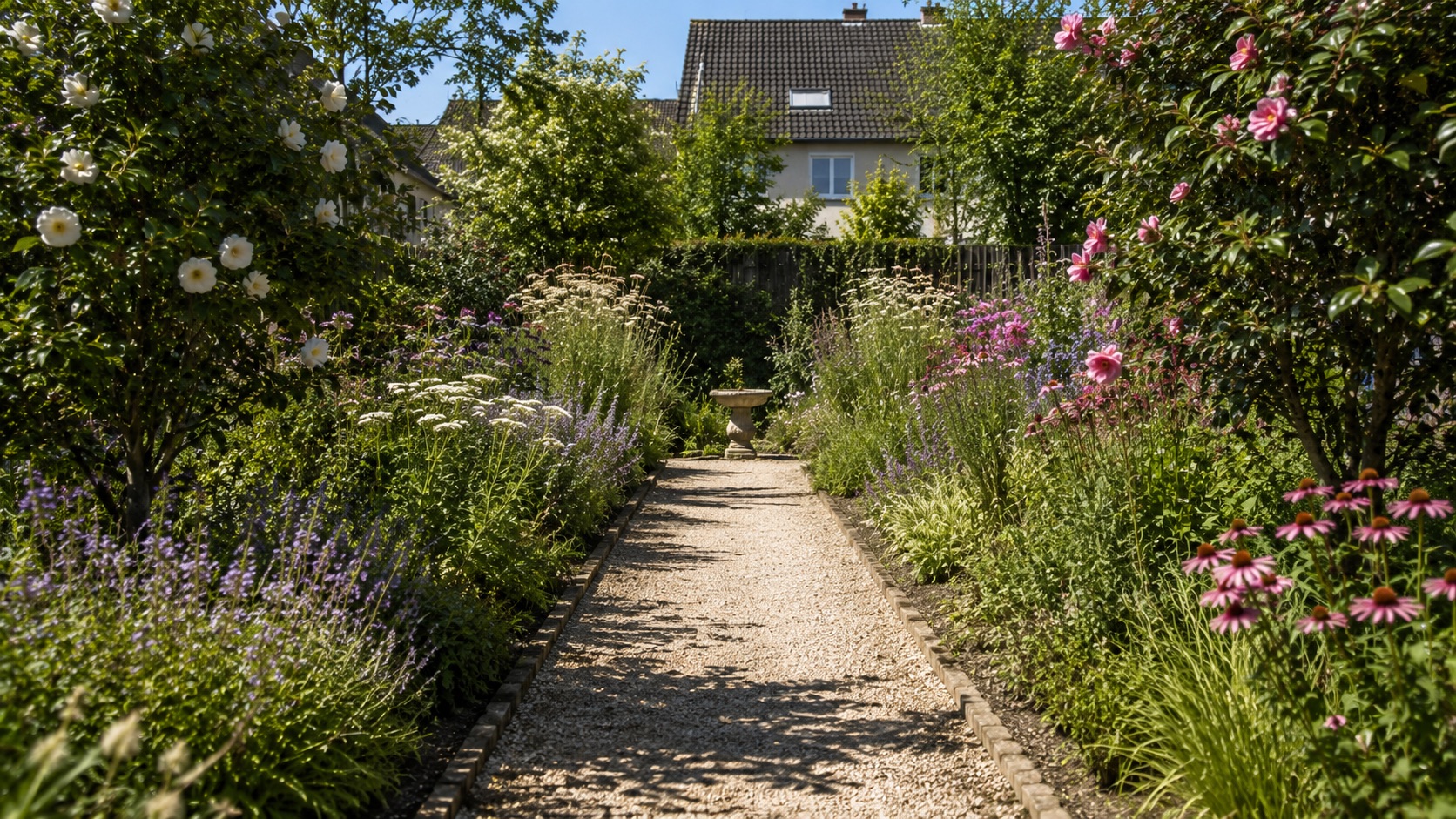 Naturnaher Garten mit üppigen Stauden und weichen Pflanzübergängen
